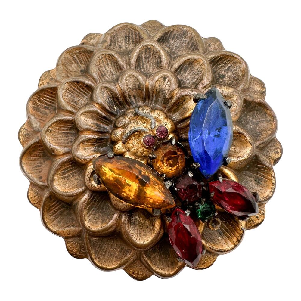 Gold Tone Floral Butterfly Brooch Likely Czech Art Glass Multi-Color c 1930s-40s
